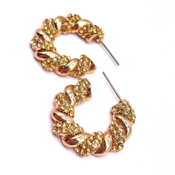 Yellow Gold with Champagne Crystal Twisted Rope Hoop Post Back Earrings - Picture 3 of 6